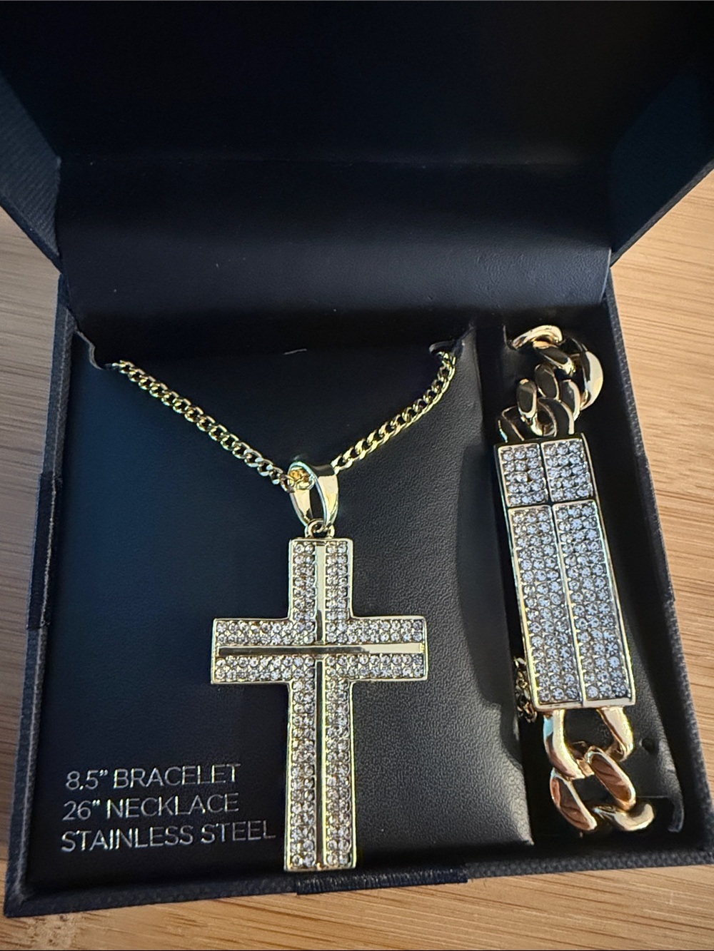 Gold Stainless Steel Cross 26 in Necklace & 8.5 in Bracelet Set
